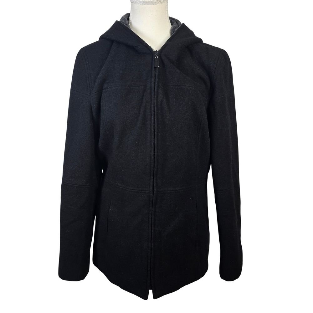 Vintage Esprit Black Wool Hooded Zip Up Jacket Coat Women‎ Size M